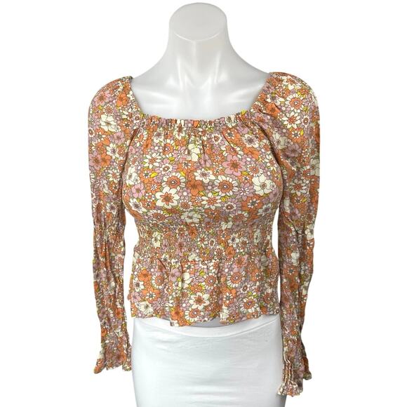 NEW SO Women's Multicolor Floral Long Sleeve Smocked Peplum Crop Blouse Top Sz S - Picture 1 of 4